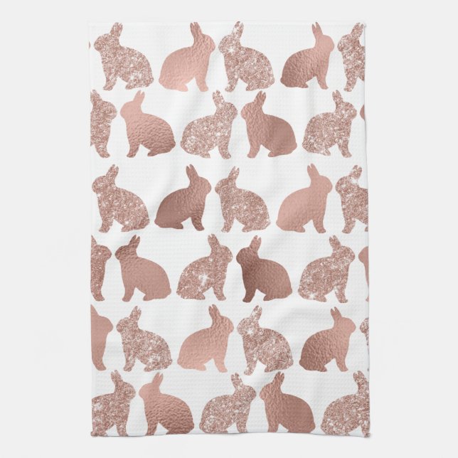Rose Gold Glitter Foil Bunny Easter Spring Tea Towel (Vertical)