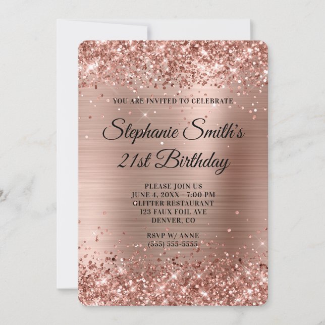 Rose Gold Glitter Foil Monogram 21st Birthday Invitation (Front)
