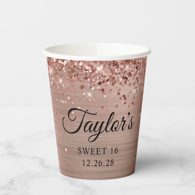 Rose Gold Glitter Foil Sweet 16 Paper Cups (Left)