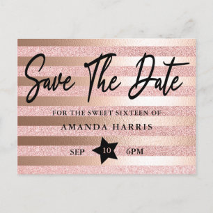 Rose Gold Glitter & Foil Sweet 16 Save The Date Postcard