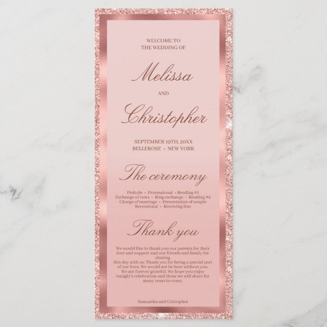 Rose gold glitter foil wedding day ceremony programme (Front)