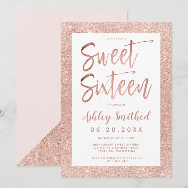 Rose gold glitter frame blush pink sweet sixteen invitation (Front/Back)