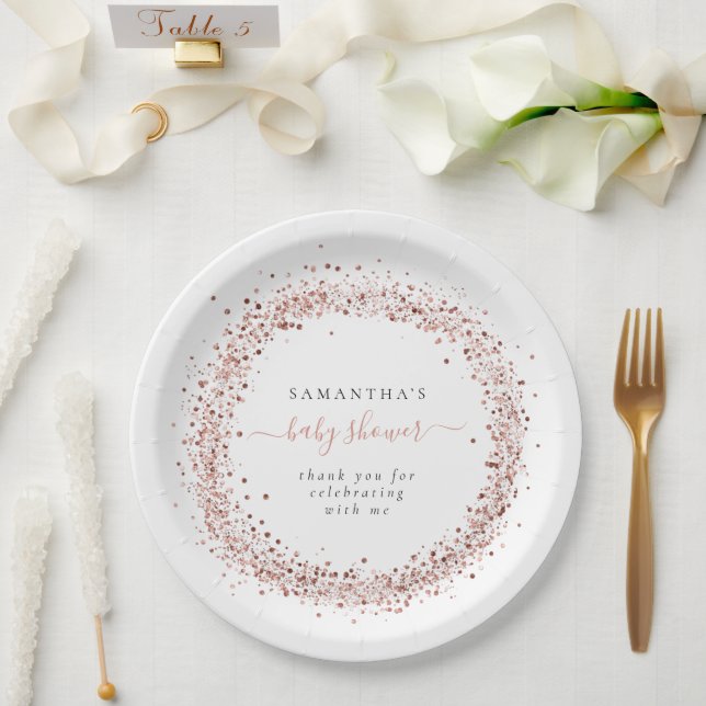 Rose Gold Glitter Frame Name Thanks Baby Shower  Paper Plate (Wedding)