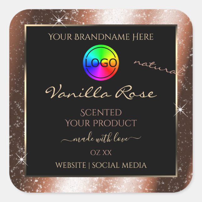 Rose Gold Glitter Frame Product Label with Logo (Front)