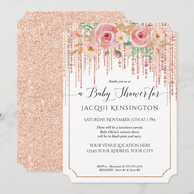 Rose Gold Glitter Fringe Blush Pink Floral Shower Invitation (Front/Back)
