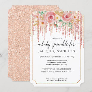 Rose Gold Glitter Fringe Pink Floral Baby Sprinkle Invitation