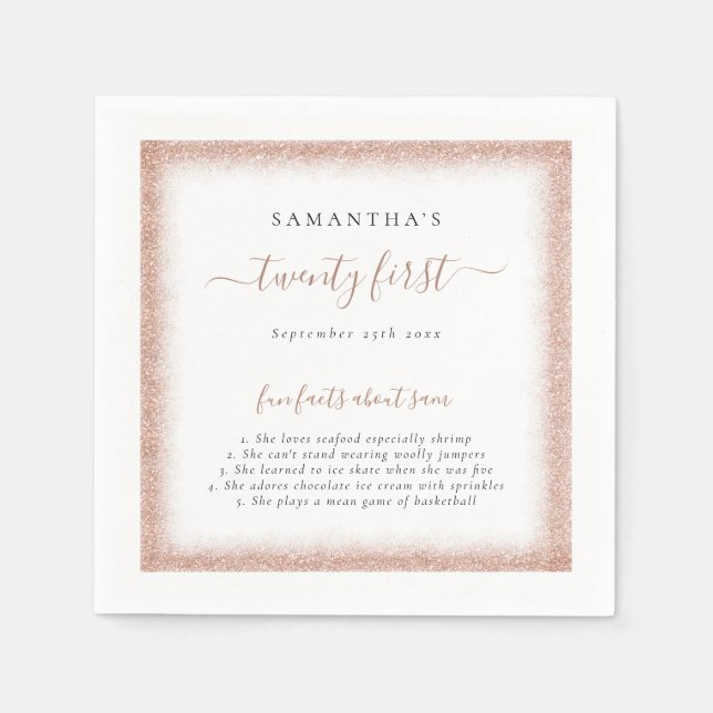 Rose Gold Glitter Fun Facts Name Date 21st Party Napkin (Front)