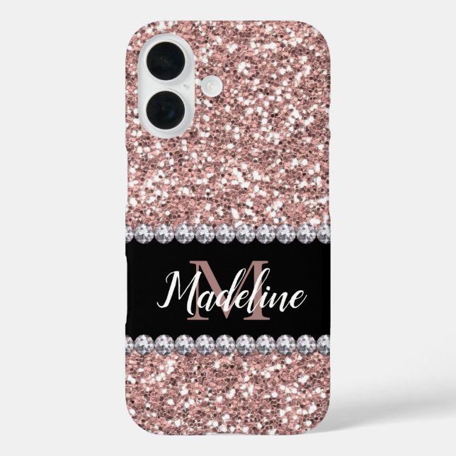 Rose Gold Glitter & Gems with Name and Monogram Case-Mate iPhone Case (Back)