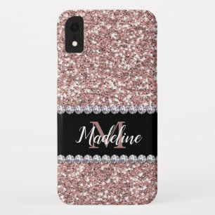 Rose Gold Glitter & Gems with Name and Monogram iPhone XR Case