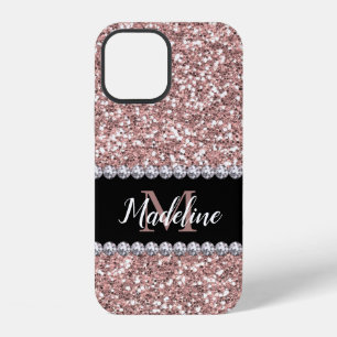 Rose Gold Glitter & Gems with Name and Monogram iPhone 12 Case