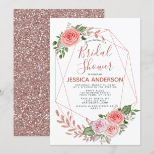Rose Gold Glitter Geometric Floral Bridal Shower Invitation