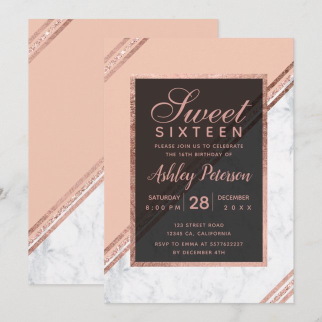 Rose gold glitter geometric stripe marble Sweet 16 Invitation (Front/Back)