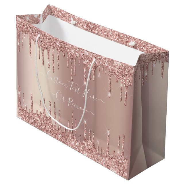 Rose Gold Glitter Gift Bag Custom Text Name (Front Angled)