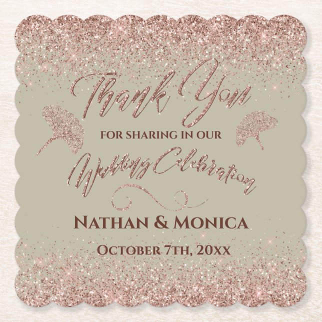 Rose Gold Glitter Gingko Leaves on Grey Mist Paper Coaster (Front)