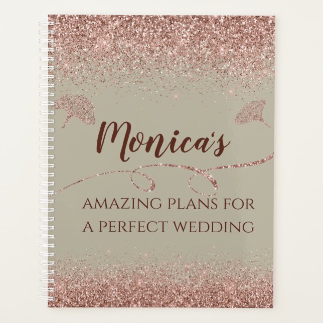 Rose Gold Glitter Gingko Leaves on Grey Wedding Planner (Front)