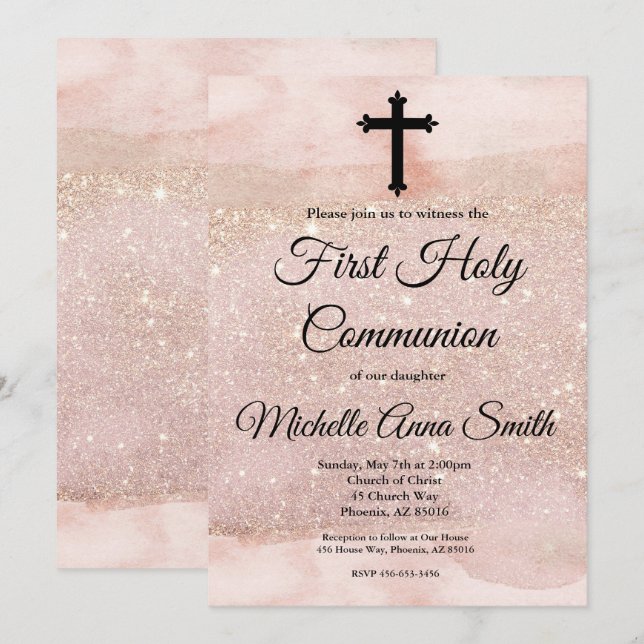 Rose Gold Glitter Girl 1st First Holy Communion Invitation (Front/Back)