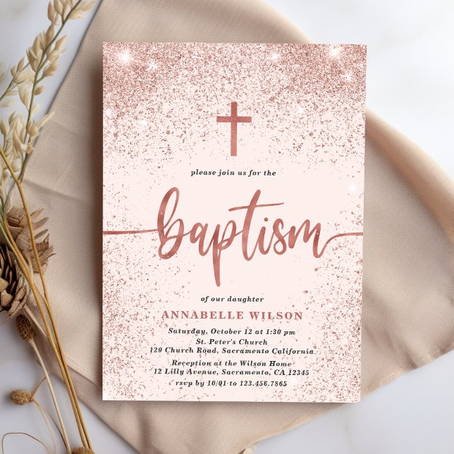 Rose Gold Glitter Girl Baptism Photo Invitation (Creator Uploaded)