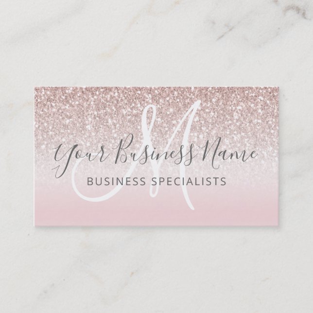 Rose Gold Glitter Girly Business Logo Monogram Business Card (Front)