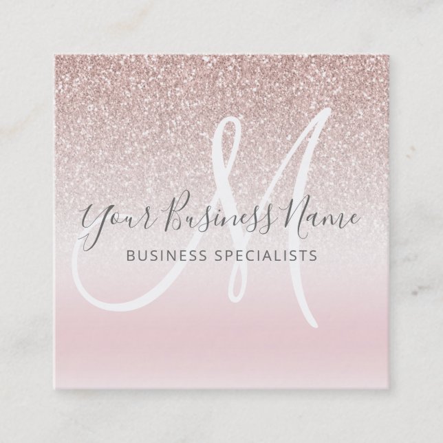 Rose Gold Glitter Girly Business Logo Monogram Square Business Card (Front)