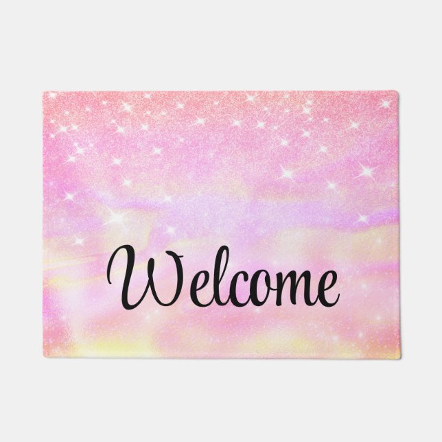 Rose Gold Glitter Girly Rainbow Pink Welcome Doormat (Front)