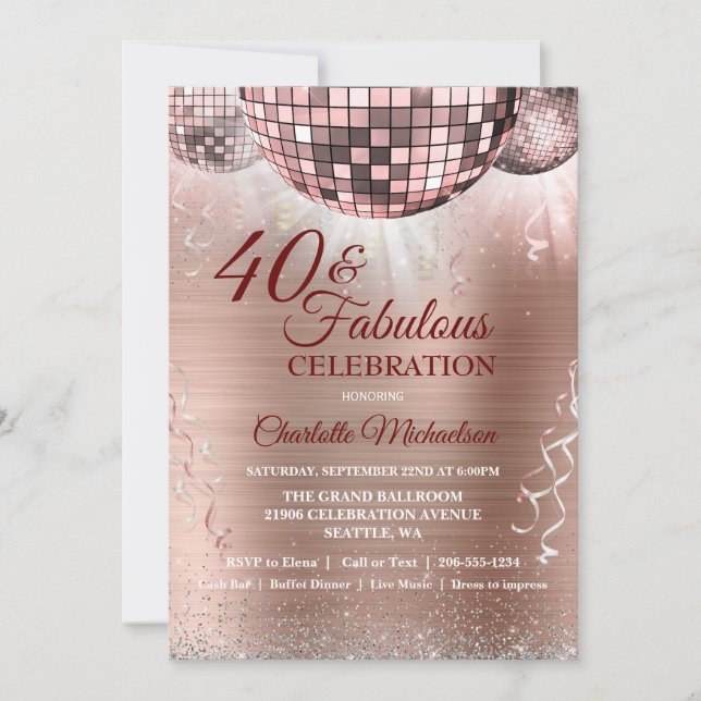 Rose Gold Glitter Glam 40 and Fabulous Disco Ball Invitation (Front)
