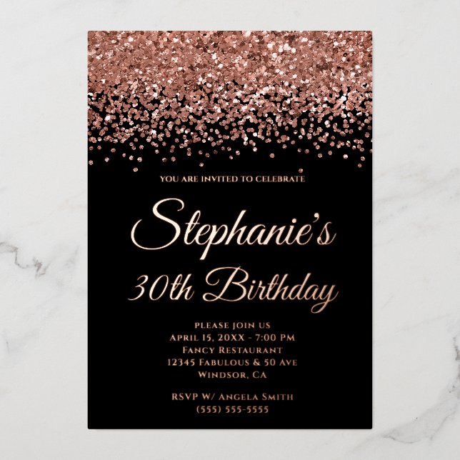 Rose Gold Glitter Glam Black 30th Birthday (Front)