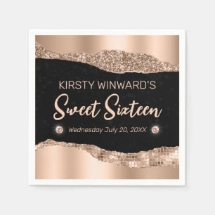 Rose Gold Glitter Glam Edge & Diamonds Sweet 16 Napkin