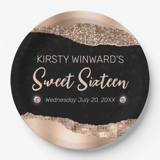 Rose Gold Glitter Glam Edge & Diamonds Sweet 16  Paper Plate (Front)