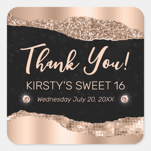 Rose Gold Glitter Glam Edge & Diamonds Sweet 16  Square Sticker (Front)