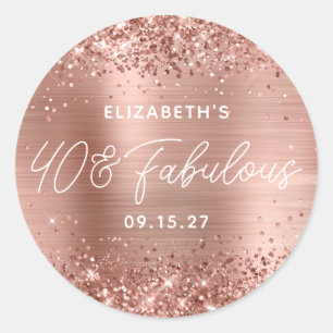 Rose Gold Glitter Glam Modern Script 40 & Fabulous Classic Round Sticker
