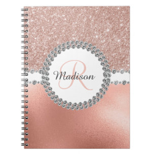 Rose Gold Glitter Glam Monogram Diamond Notebook