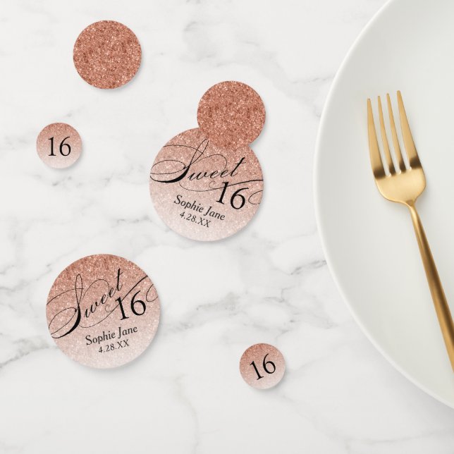 Rose Gold Glitter Glam Personalised Sweet 16 Confetti (Group)