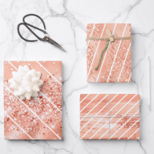 Rose Gold Glitter Glam White Pattern Wrapping Paper Sheet