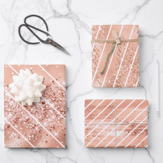 Rose Gold Glitter Glam White Pattern Wrapping Paper Sheet (Front)