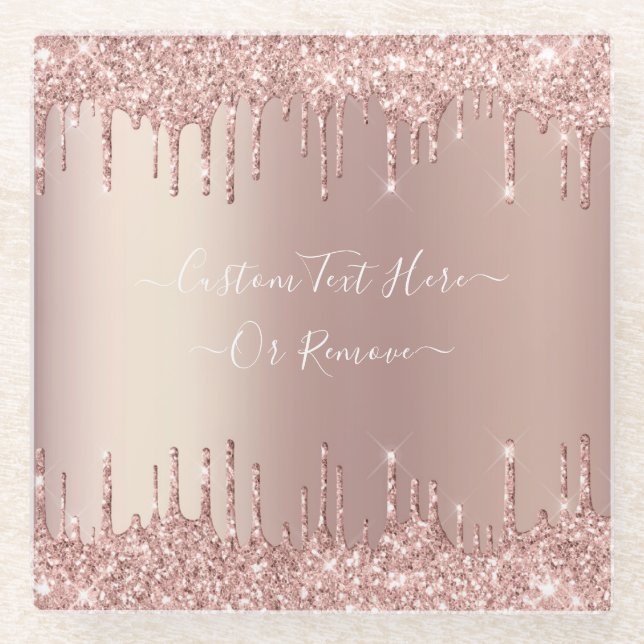 Rose Gold Glitter Glass Coaster with Custom Text (Front)