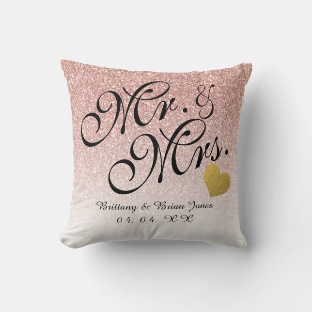 Rose Gold Glitter Gold Heart Mr. and Mrs. Wedding Cushion (Front)