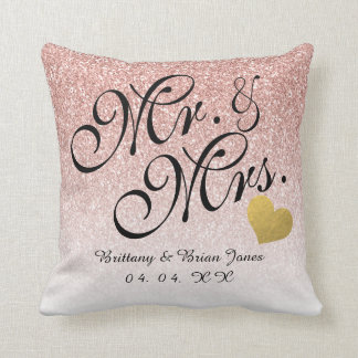 Rose Gold Glitter Gold Heart Mr. and Mrs. Wedding Cushion