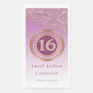 Rose Gold Glitter & Gold Sweet 16 Monogrammed Napkin