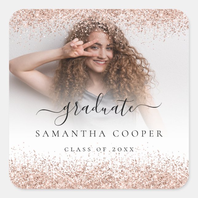 Rose Gold Glitter Grad Photo Name Class of Year Square Sticker (Front)