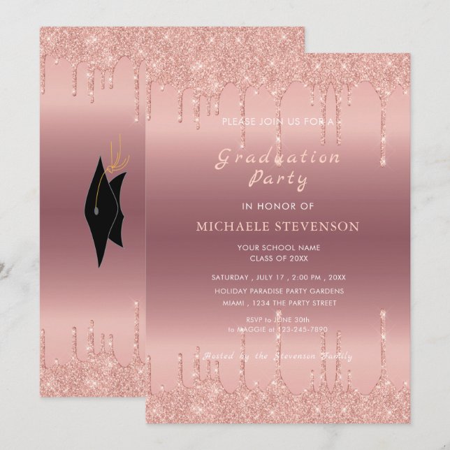 Rose Gold Glitter Graduation Invitation Template (Front/Back)