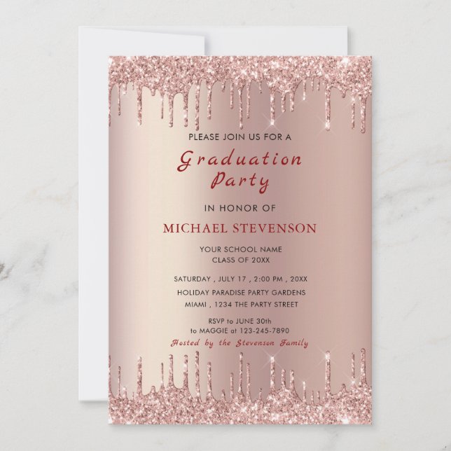 Rose Gold Glitter Graduation invitation Template (Front)