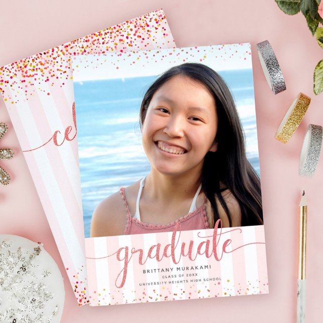 Rose gold glitter graduation photo modern script invitation (Creator Uploaded)