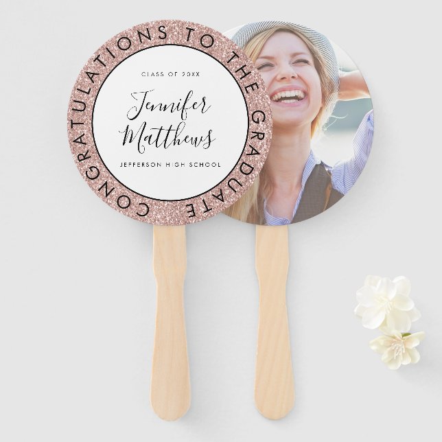 Rose Gold Glitter Graduation School Class Photo Hand Fan (Front and Back)