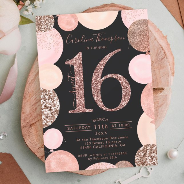 rose gold glitter gray balloon Sweet 16 photo Invitation (Creator Uploaded)
