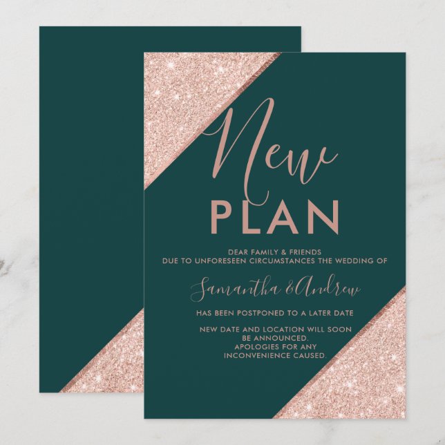 Rose gold glitter green emerald wedding new plan invitation (Front/Back)