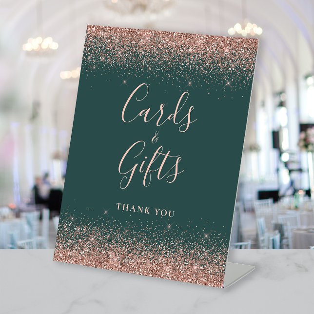 Rose Gold Glitter Green Wedding Cards and Gifts Pedestal Sign (Creator Uploaded)