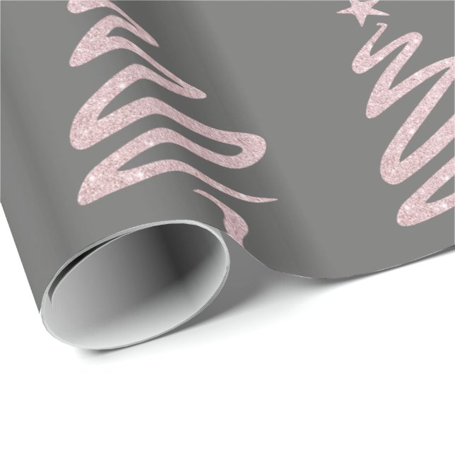 Rose Gold Glitter & Grey Christmas Tree Pattern Wrapping Paper (Roll Corner)