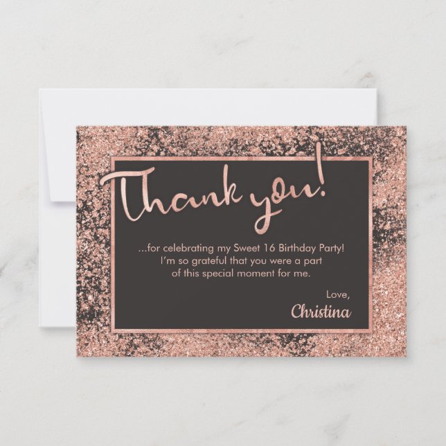 Rose Gold Glitter & Grey Sweet 16 Glam Popular Thank You Card (Front)
