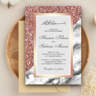 Rose Gold Glitter Grey White Marble Muslim Wedding Invitation