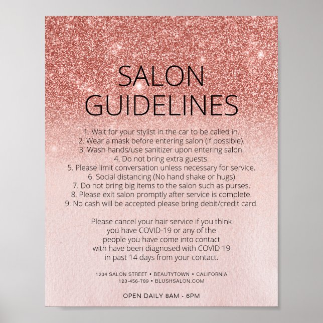 Rose Gold Glitter Hair Salon Covid Health Safety Poster (Front)